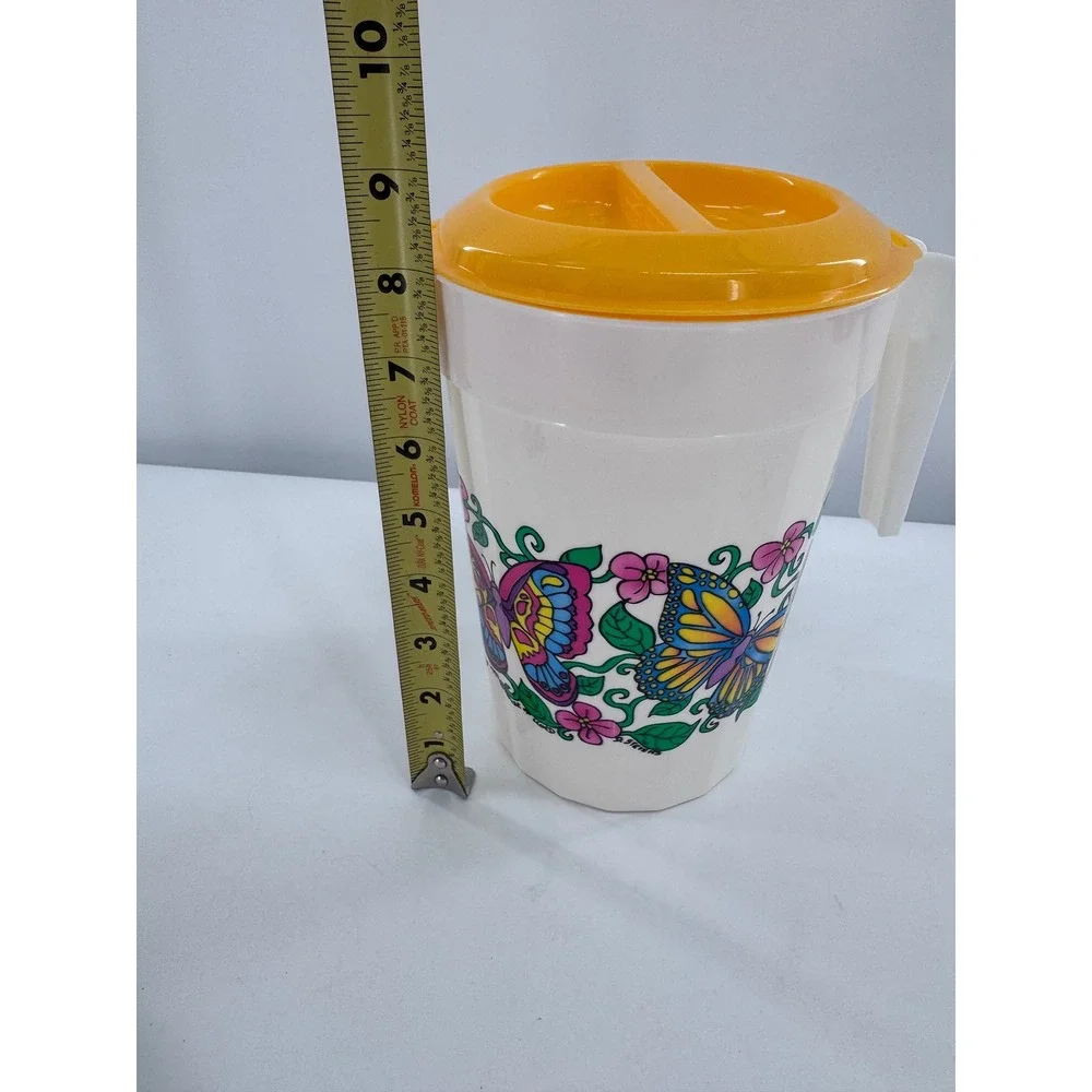 Vintage Butterfly Drink Pitcher Glasses Set White Yellow Floral Retro 5pc Picnic